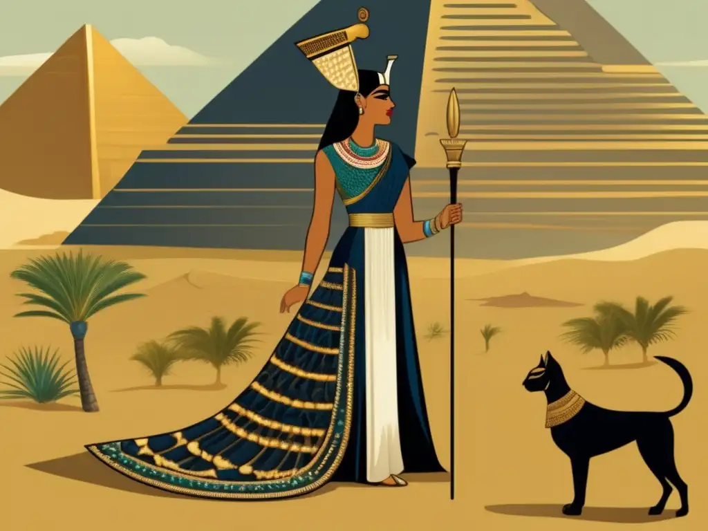 Una ilustración vintage exquisita muestra a una noble egipcia en atuendo lujoso, resaltando la moda egipcia en la antigüedad