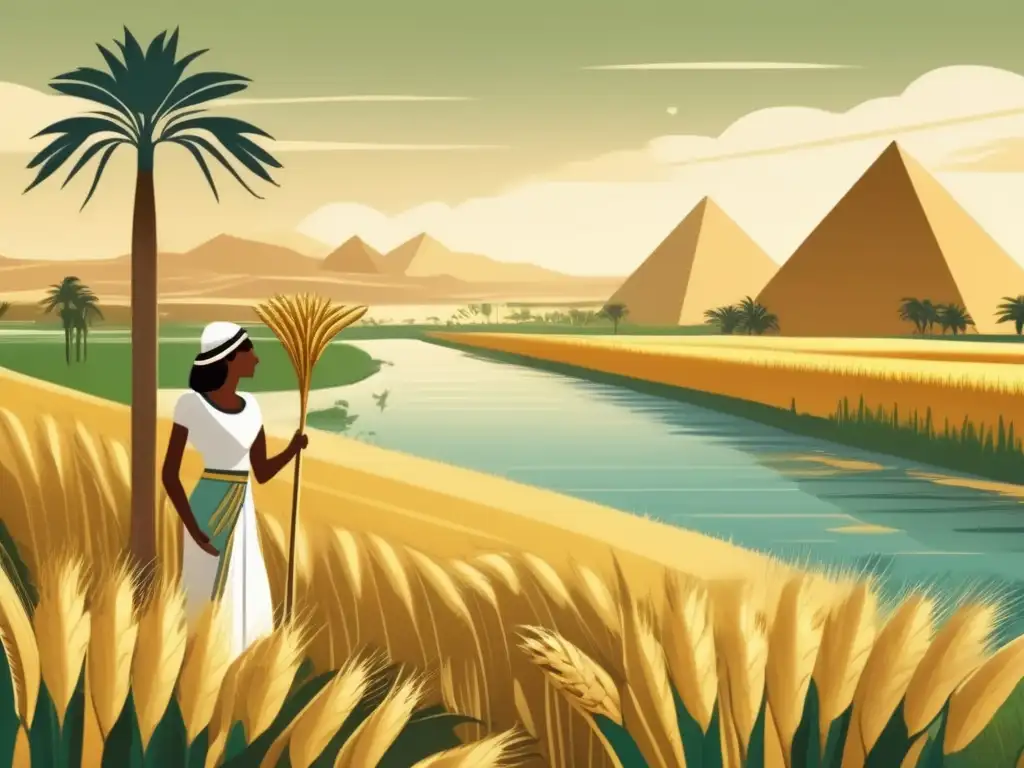 Una ilustración bellamente vintage que muestra el exuberante paisaje agrícola del antiguo Egipto