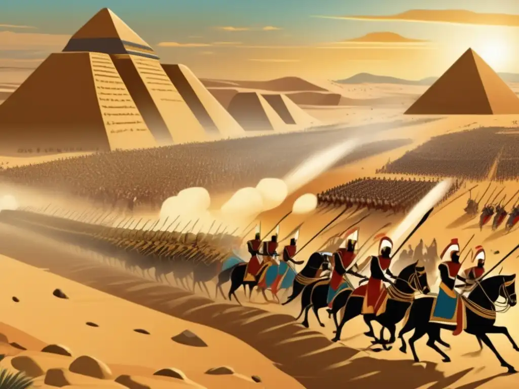 Épica ilustración vintage del intenso conflicto histórico entre egipcios y hititas en la batalla de Kadesh