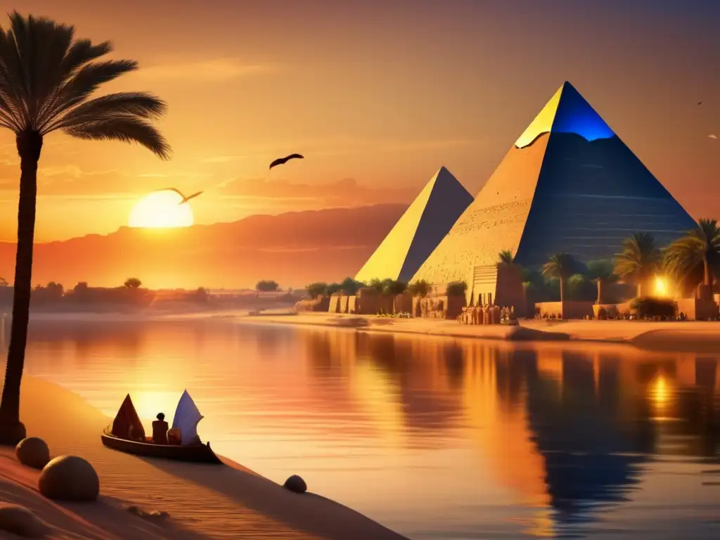 Una ilustración vintage del majestuoso Nilo occidental en el antiguo Egipto, con templos y pirámides adornando las orillas