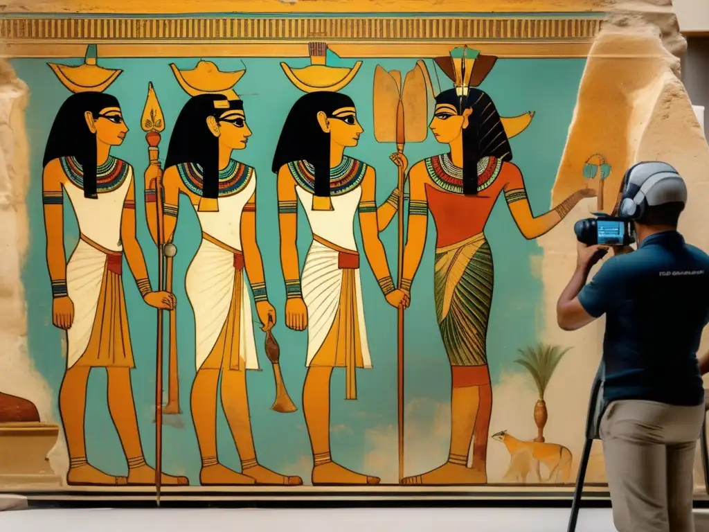 Restauración virtual de frescos egipcios: Un equipo de expertos digitalmente restaura un detallado fresco vintage, resaltando sus colores vibrantes y pinceladas delicadas