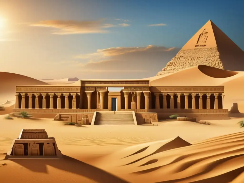 Reconstrucción virtual de majestuosos sitios arqueológicos egipcios: un templo antiguo rodeado de dunas doradas y un cielo azul claro
