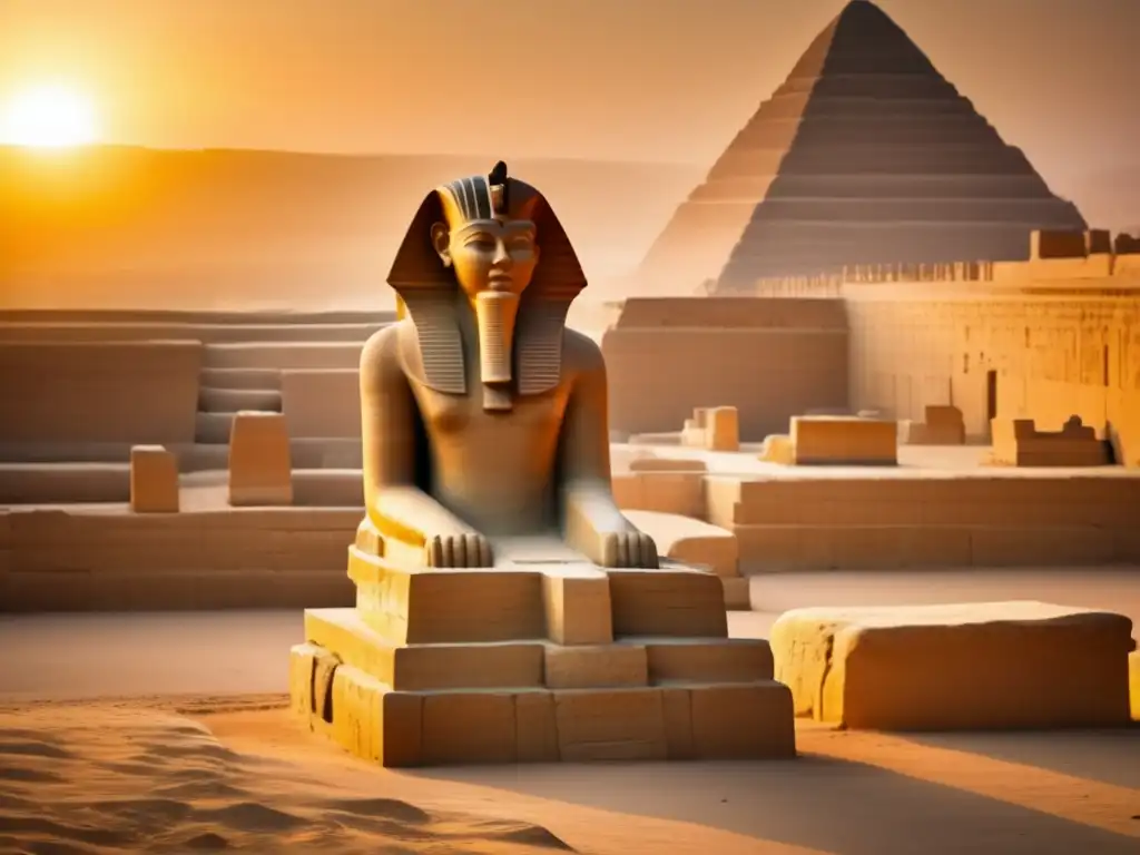 Una vista cautivadora de la Necrópolis de Sakkara al atardecer, con una estatua de faraón y las majestuosas pirámides de fondo