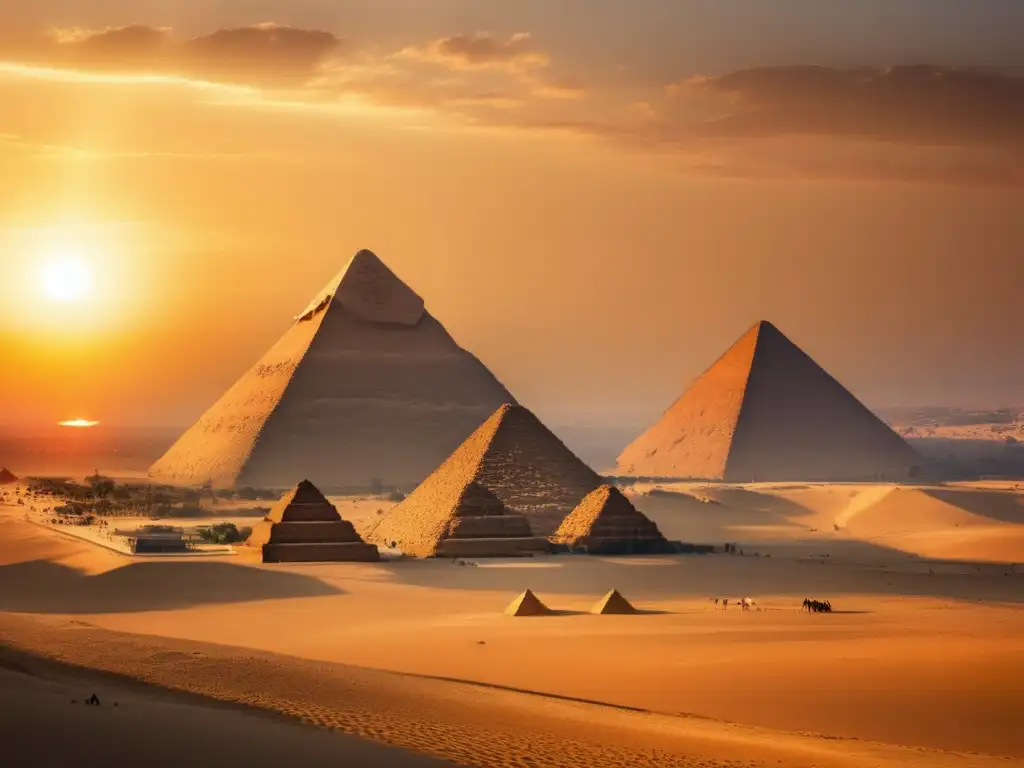 Una vista panorámica del Plateau de Giza al atardecer, donde las majestuosas Pirámides de Giza se alzan imponentes, bañadas por los rayos dorados del sol en un resplandor cálido y etéreo