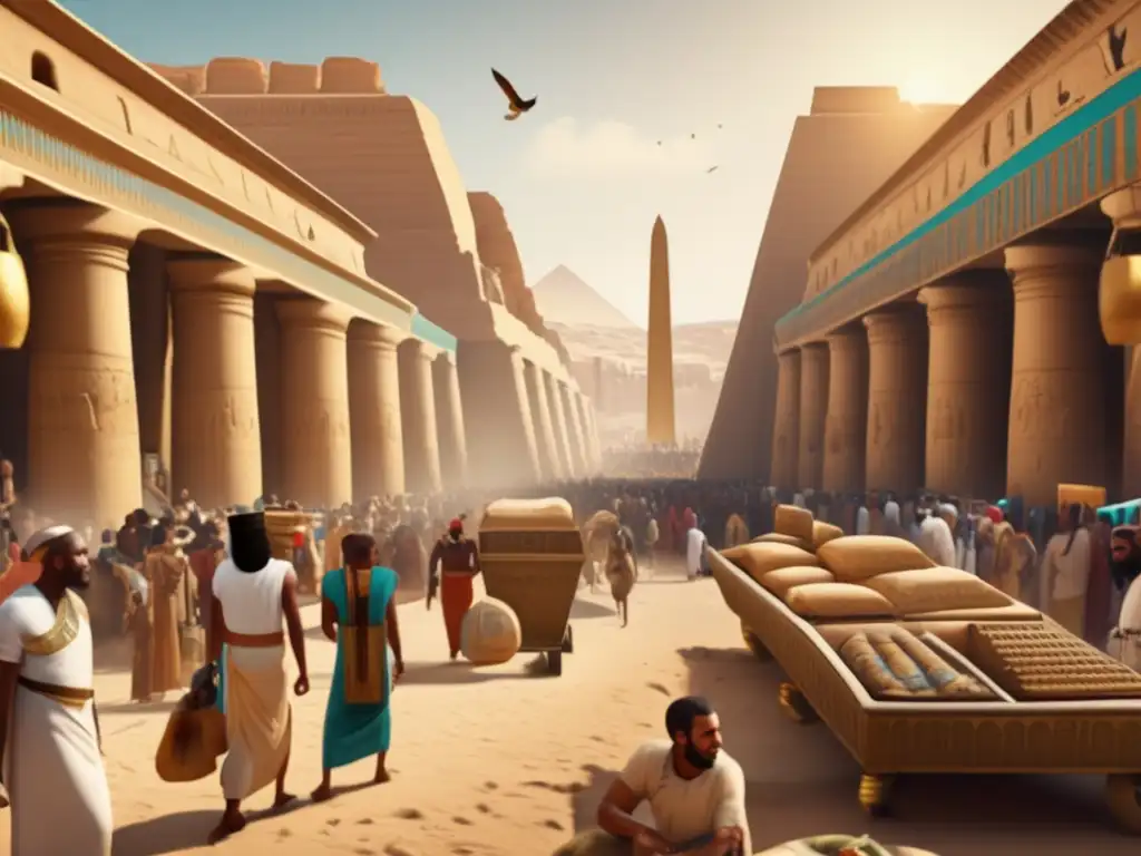 Vívida escena en Egipto antiguo: un animado mercado en Tebas, con majestuosos templos y prácticas funerarias en el Antiguo Egipto