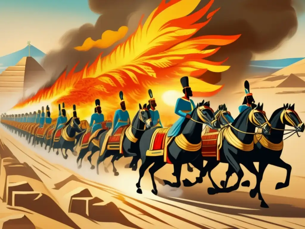 Una ilustración vívida y vintage muestra el transporte militar egipcio revolucionario: los carruajes de fuego