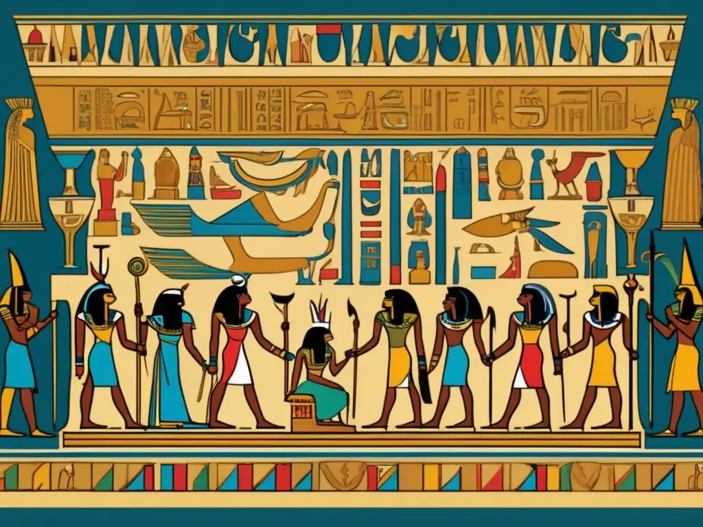 Una ilustración vívida y vintage de dioses y diosas de la mitología egipcia en un majestuoso salón con paredes cubiertas de jeroglíficos